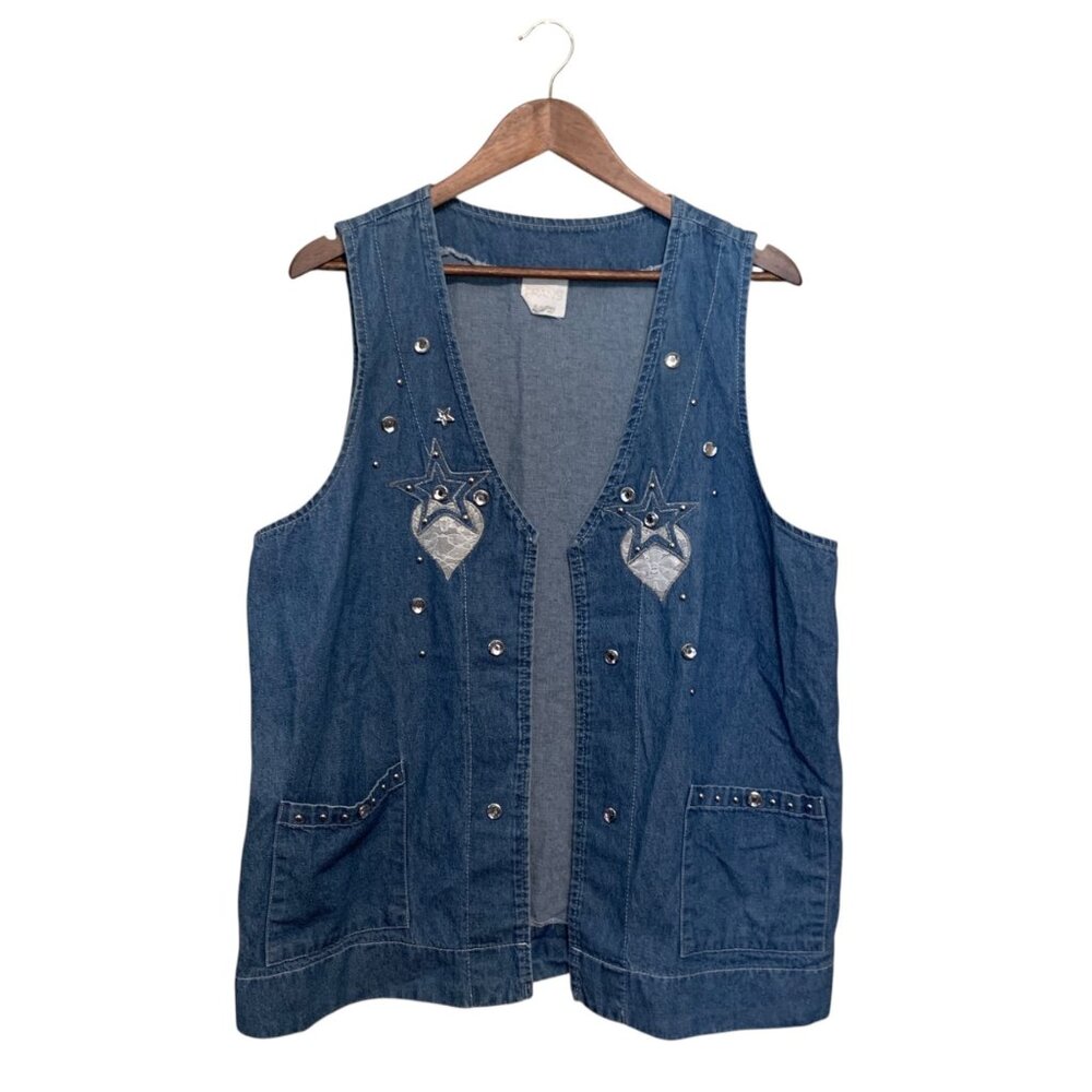 VTG Frans Dallas Cowboys Denim Open Vest Star Heart Embellishments XL Retro‎ 80s